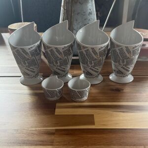 White Newspaper-Print Pedestal Mugs and Ramekins - Set of 4